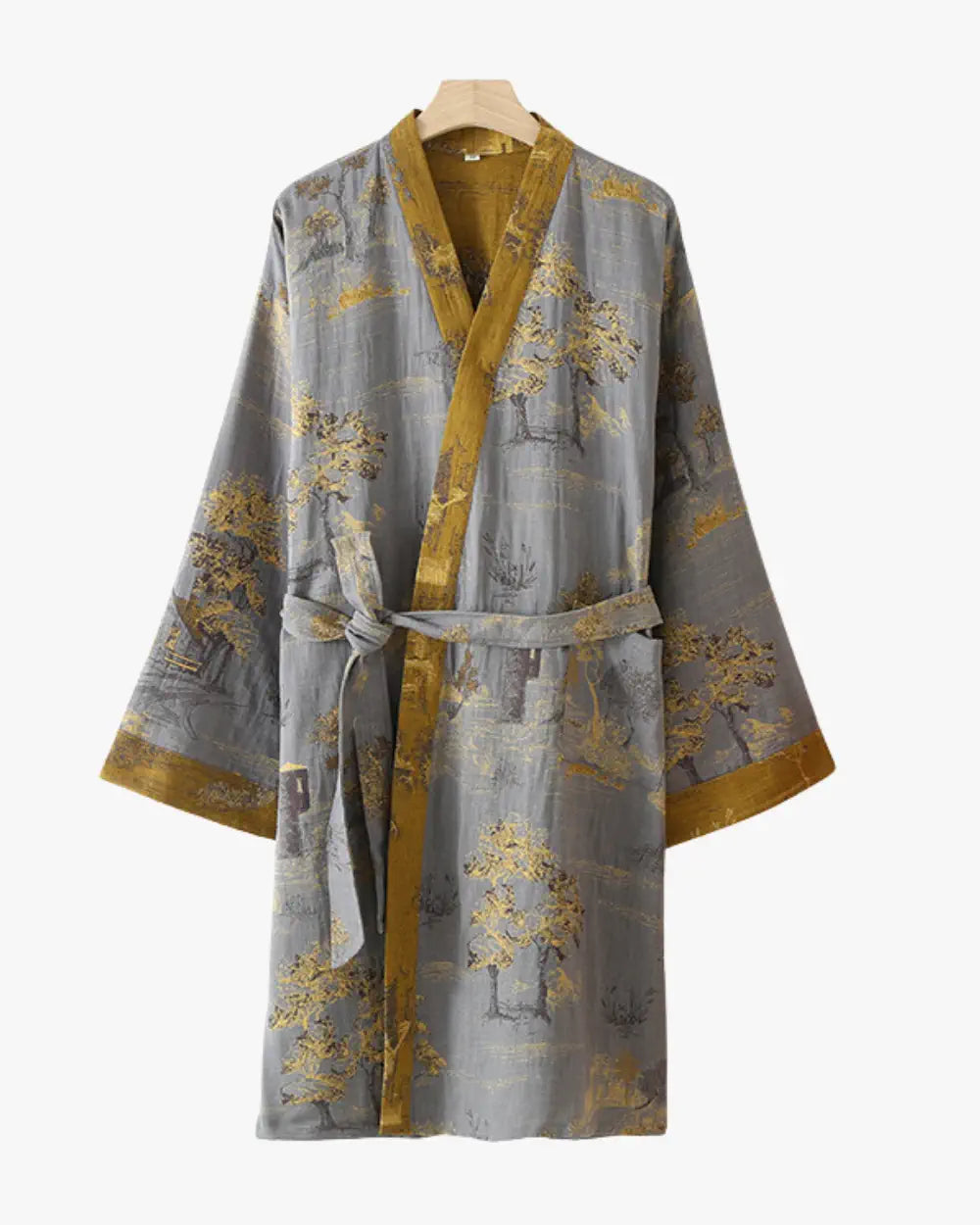 Peignoir kimono gris et or homme motifs japonais Maison Kimono®
