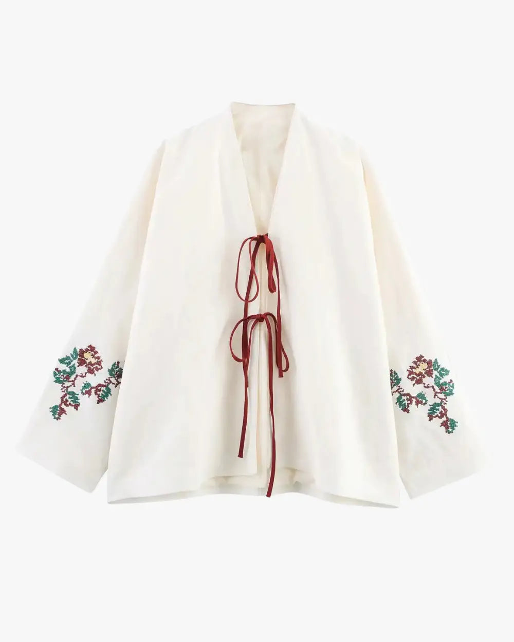 Kimono court beige en lin brodé floral femme | Komorebi