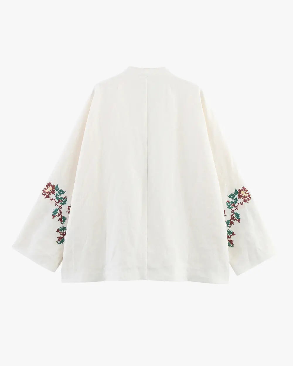 Kimono court beige en lin brodé floral femme | Komorebi