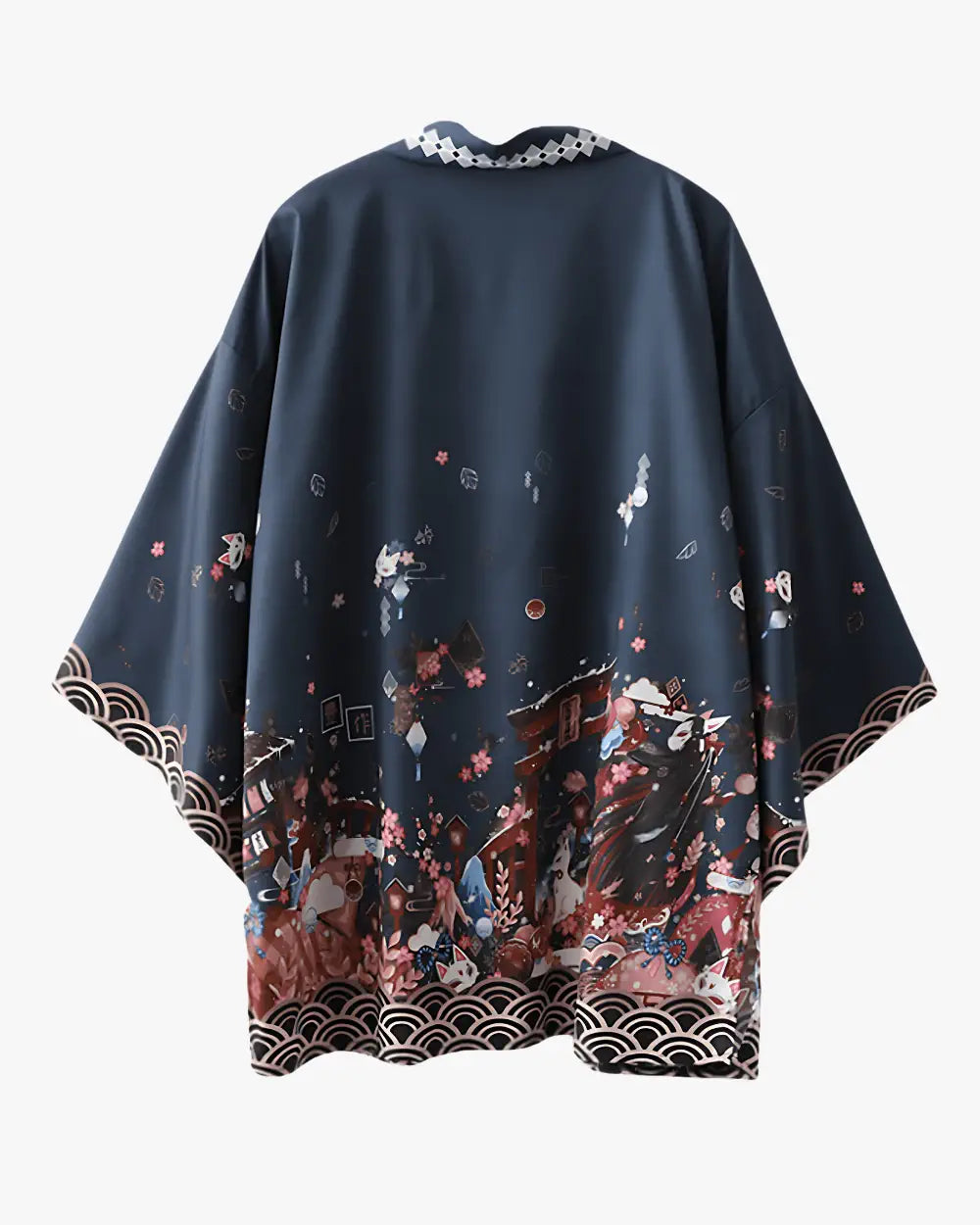 Kimono japonais bleu motifs cerisiers et lanternes | Akatsuki