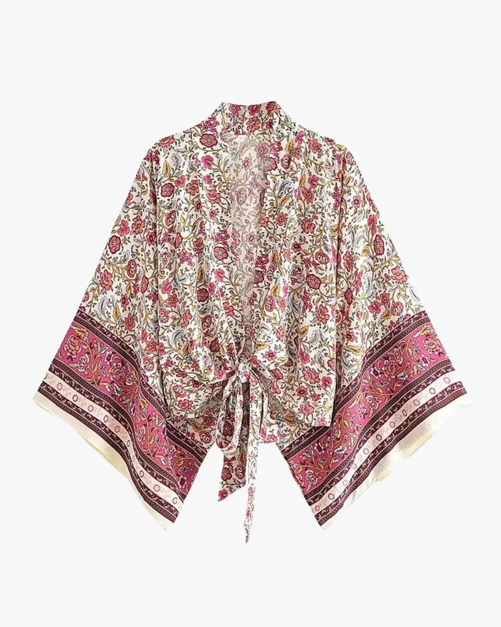Kimono court beige et rose avec motifs floraux femme Ayaka