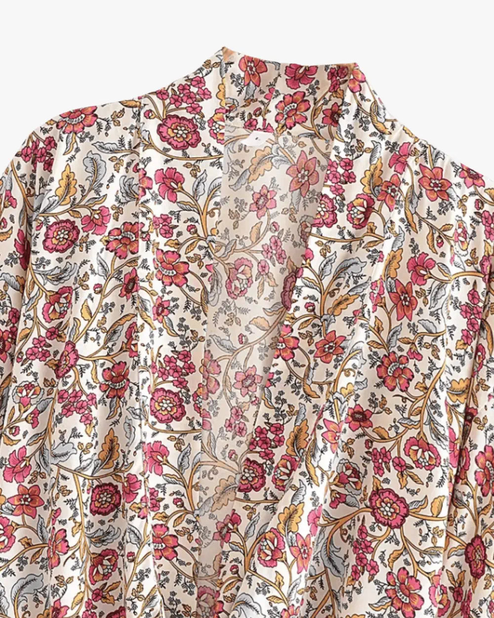 Kimono court beige et rose avec motifs floraux femme Ayaka