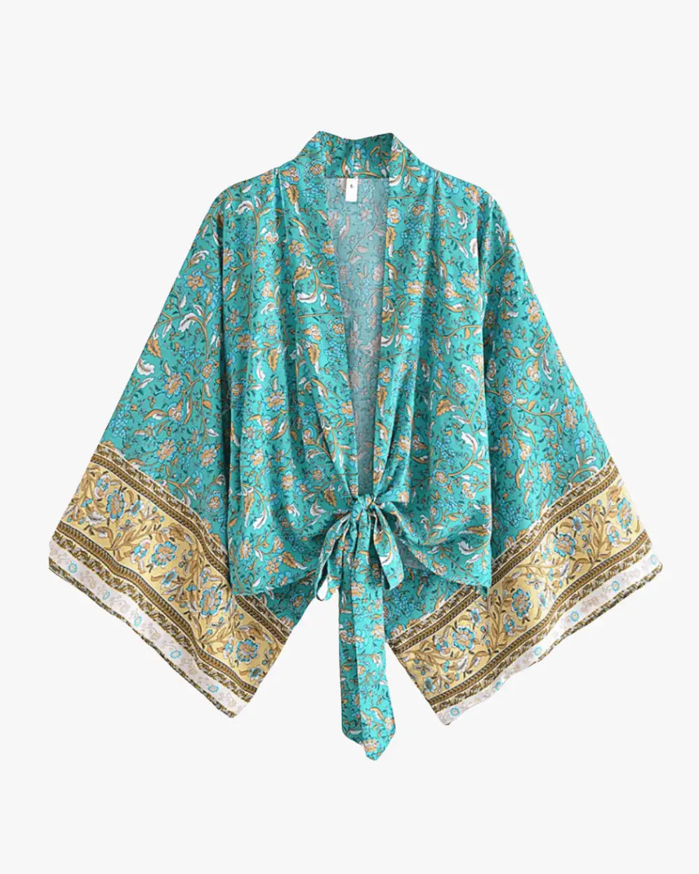 Kimono court bleu dore avec motifs floraux femme Ayaka