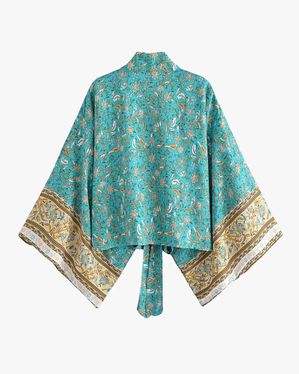 Kimono court bleu dore avec motifs floraux femme Kinpaku