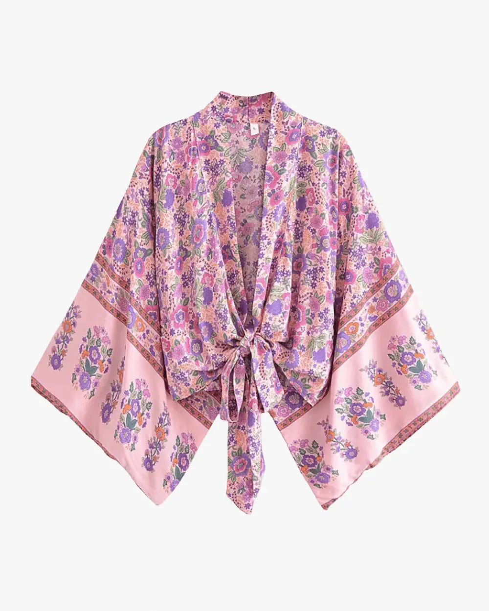 Kimono court coton rose fleuri femme Momohana