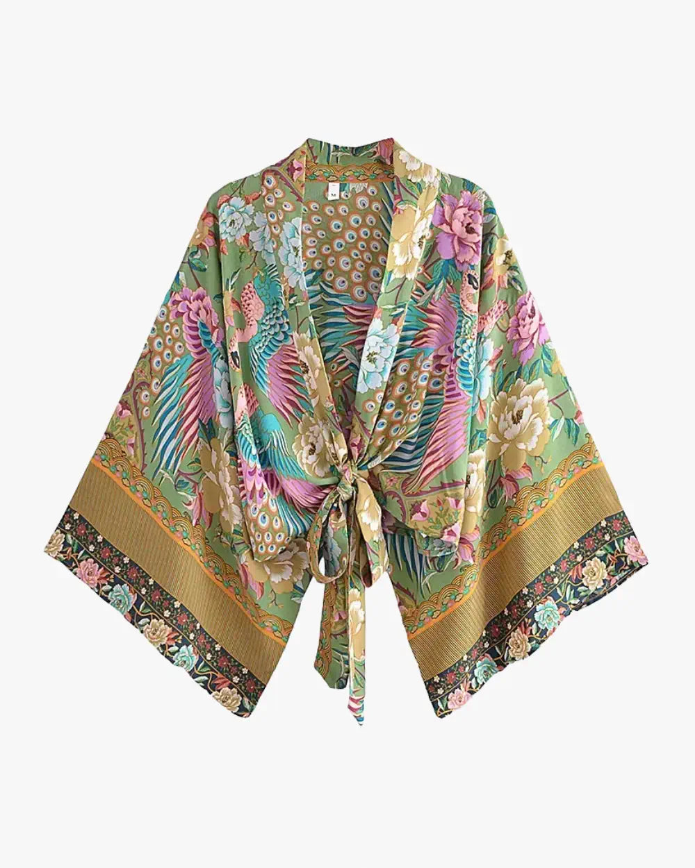 Kimono court coton vert sauge motifs paon Tsubame