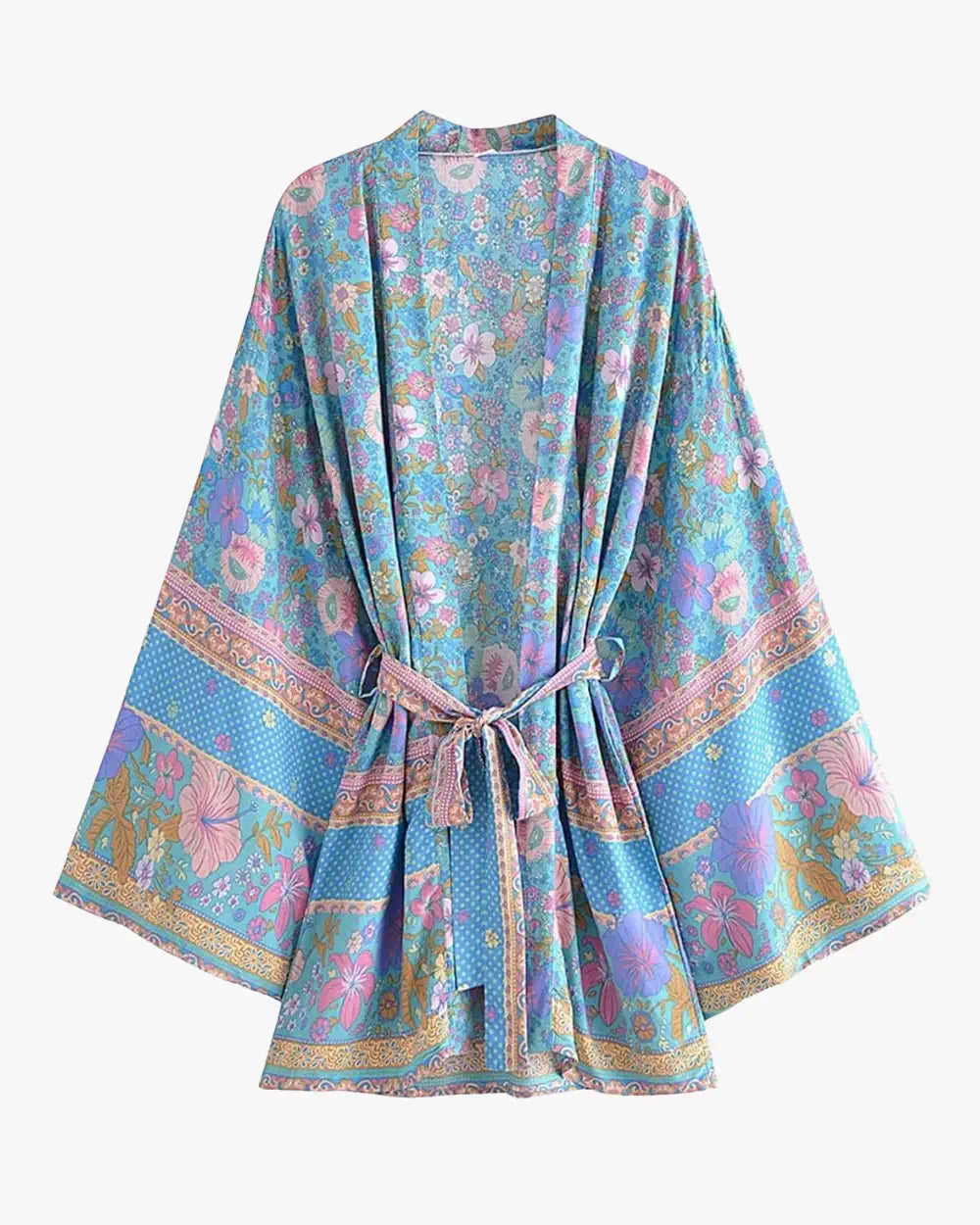 Kimono court femme bleu rose fleuri boheme Tobira
