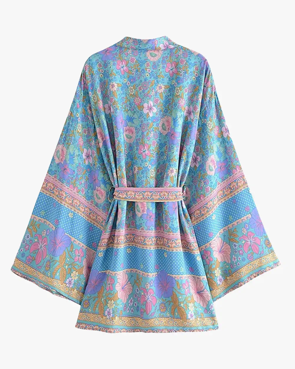 Kimono court femme bleu rose fleuri boheme Tobira