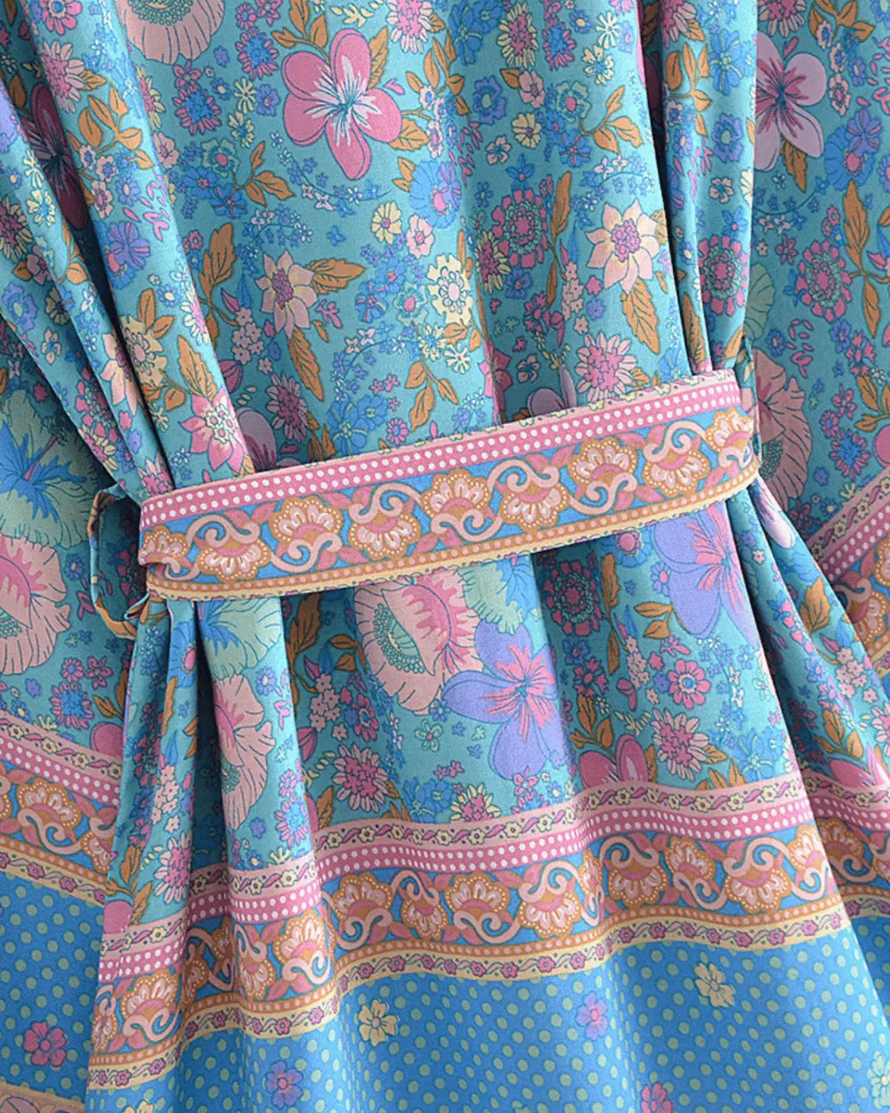 Kimono court femme bleu rose fleuri boheme Tobira