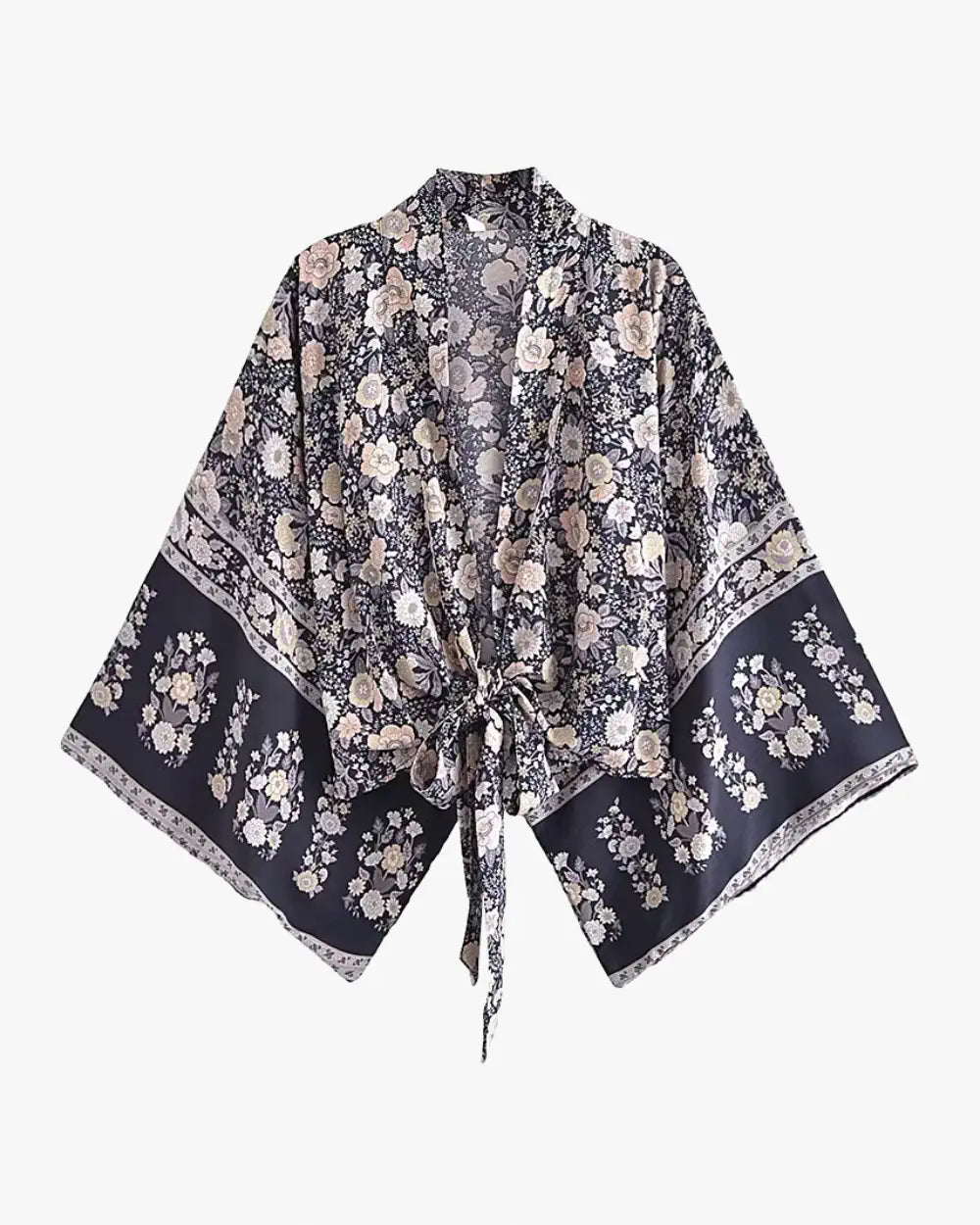 Kimono court femme coton fleuri noir Momohana