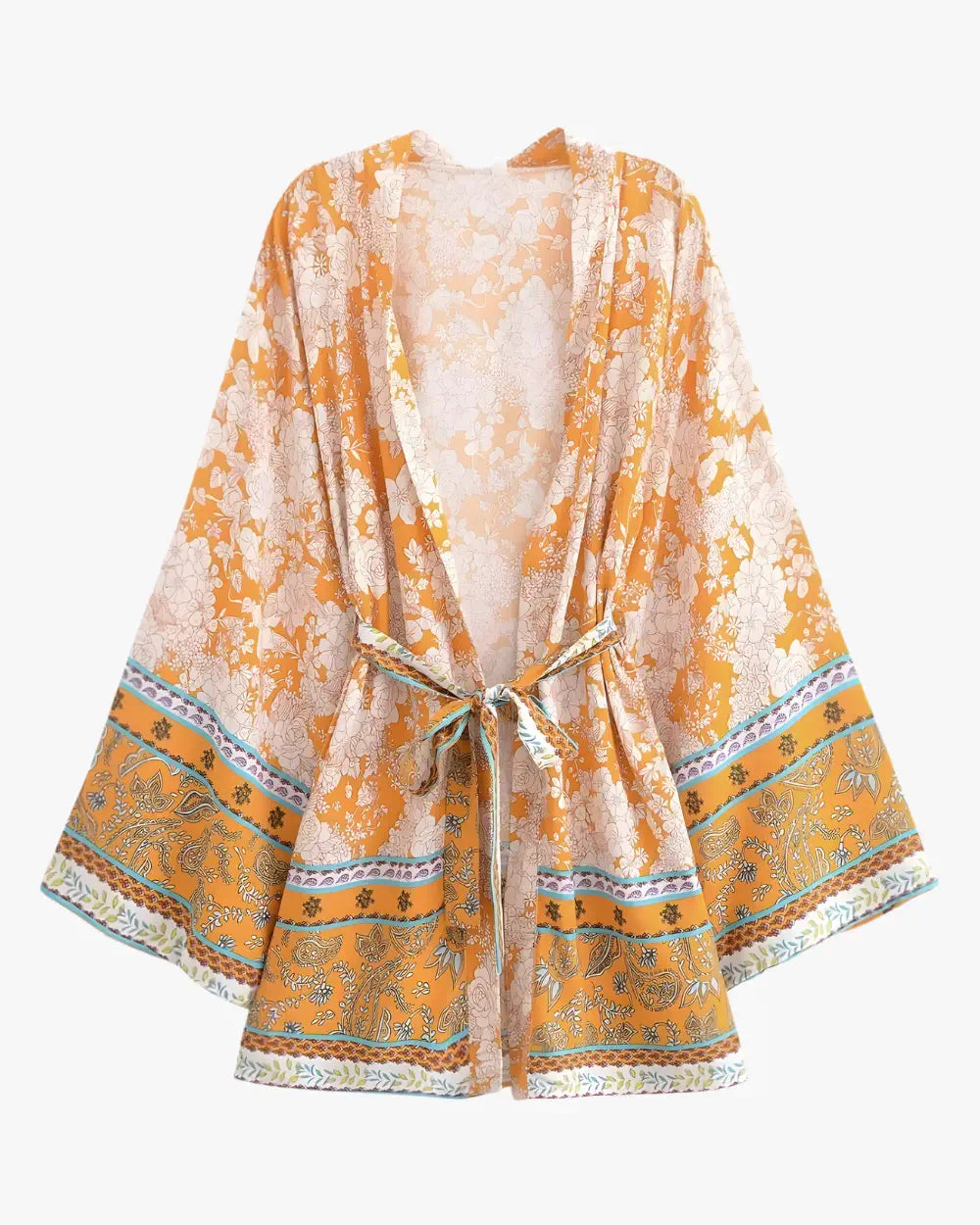 Kimono court femme orange fleuri boheme Kibana