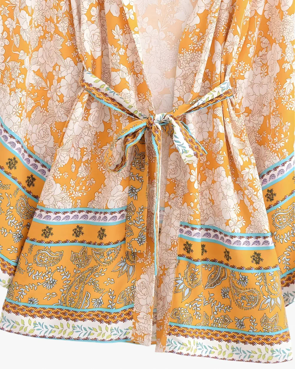 Kimono court femme orange fleuri boheme Kibana