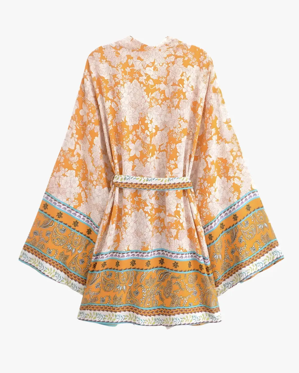 Kimono court femme orange fleuri boheme Kibana