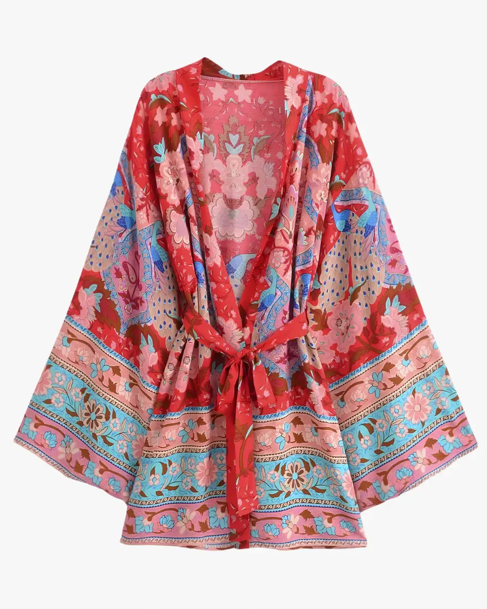 Kimono court femme rouge fleuri paons Benino