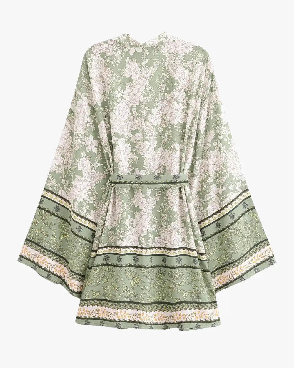 Kimono court femme vert sauge fleuri Wakaba