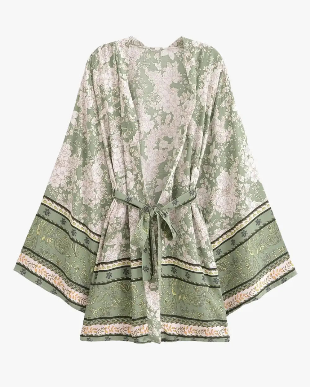 Kimono court femme vert sauge fleuri Wakaba