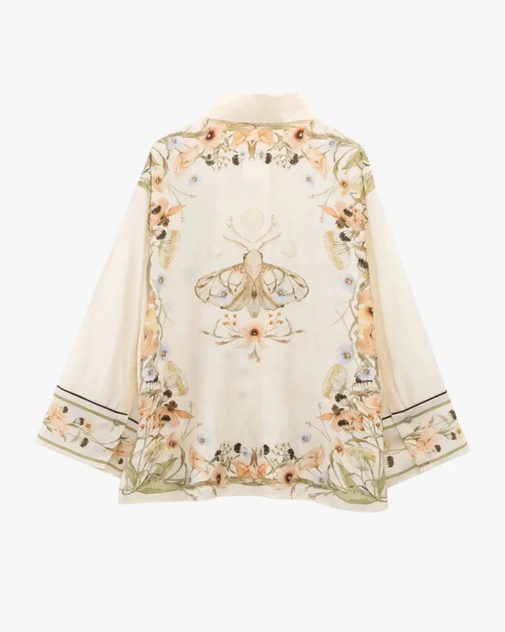 Kimono court japonais beige motif fleurs & scarabee Hotaru