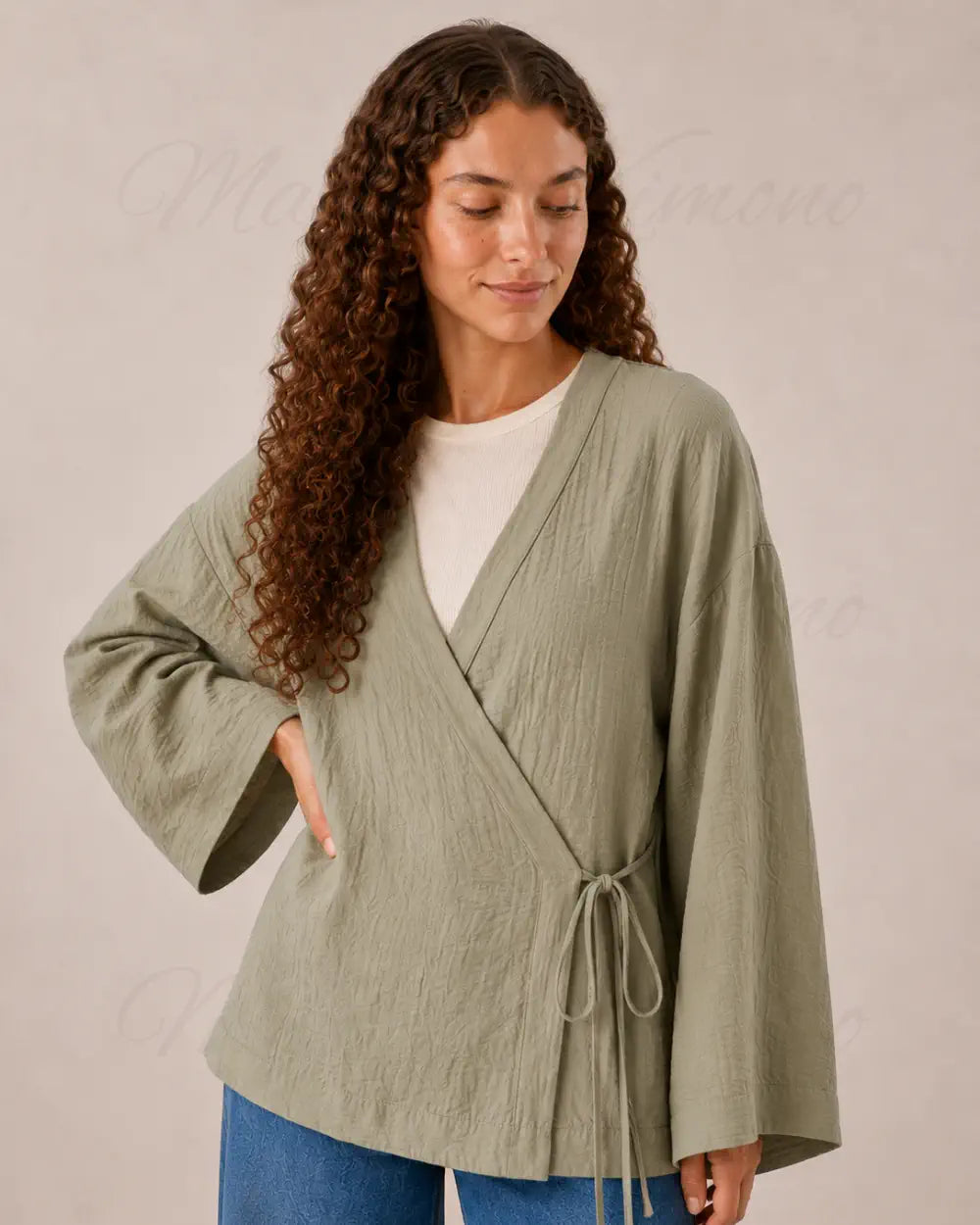 Kimono court japonais femme lin vert sauge