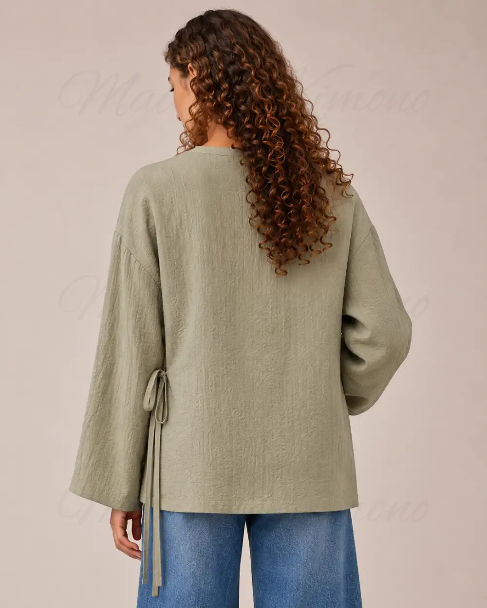 Kimono court japonais femme lin vert sauge