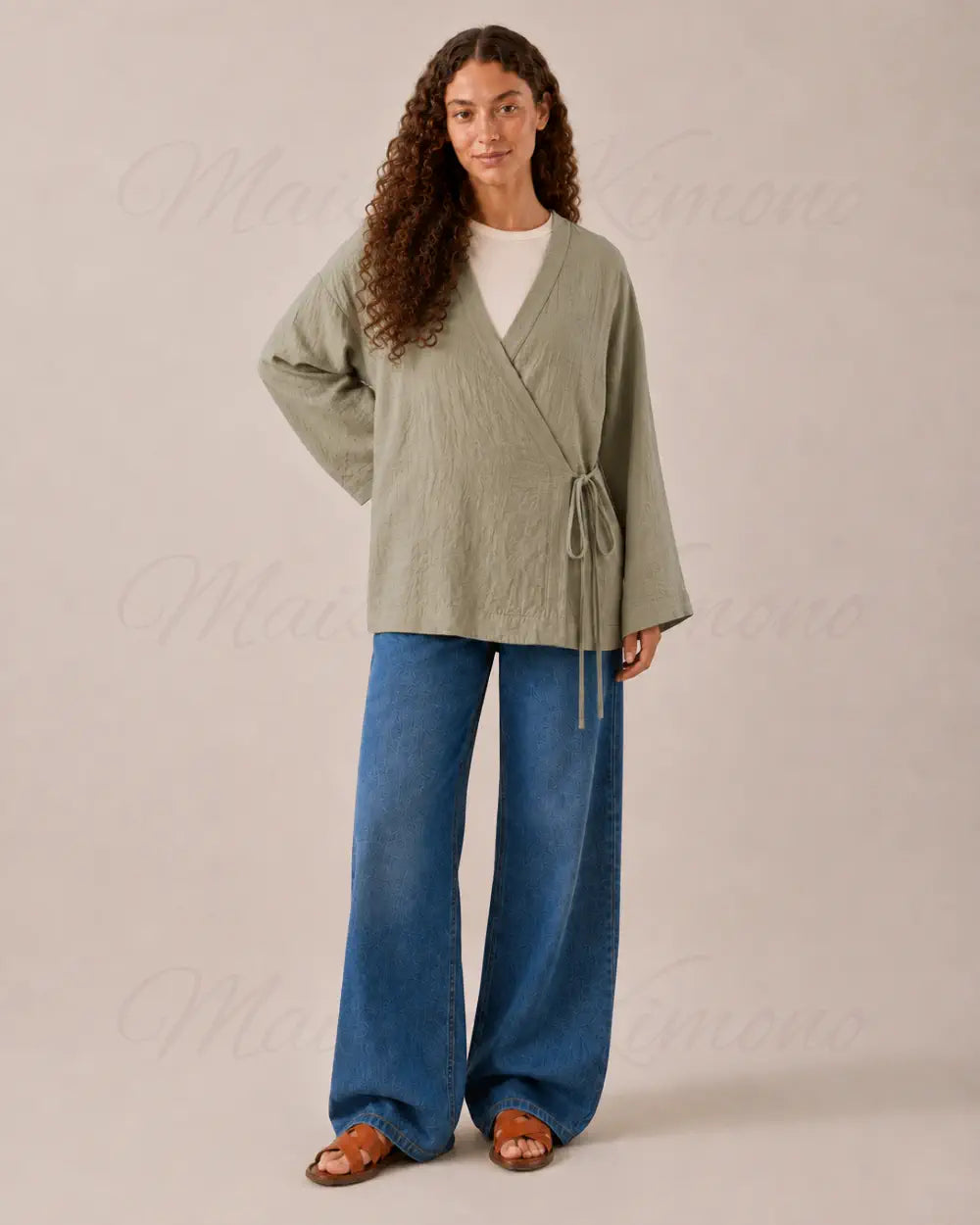 Kimono court japonais femme lin vert sauge