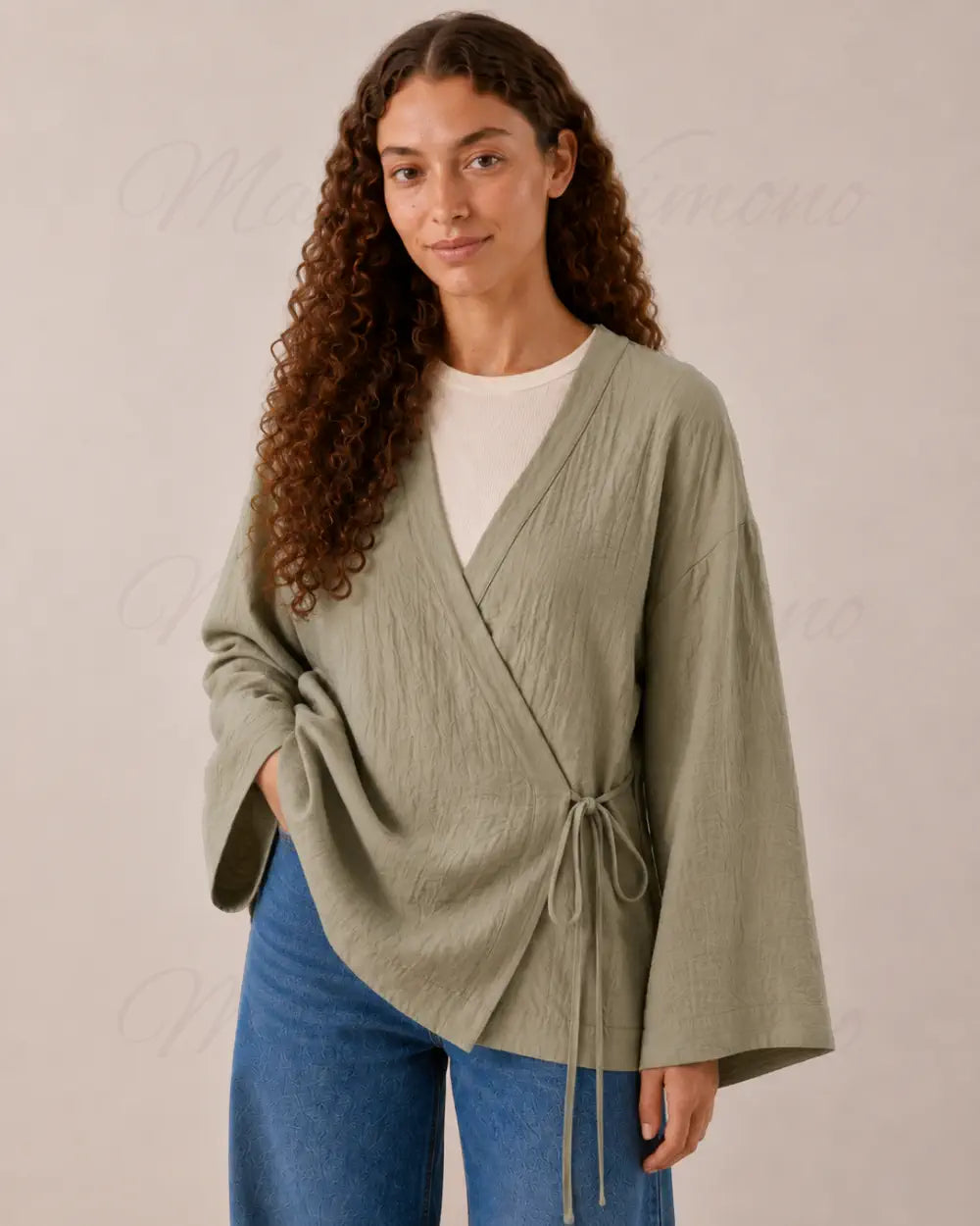 Kimono court japonais femme lin vert sauge
