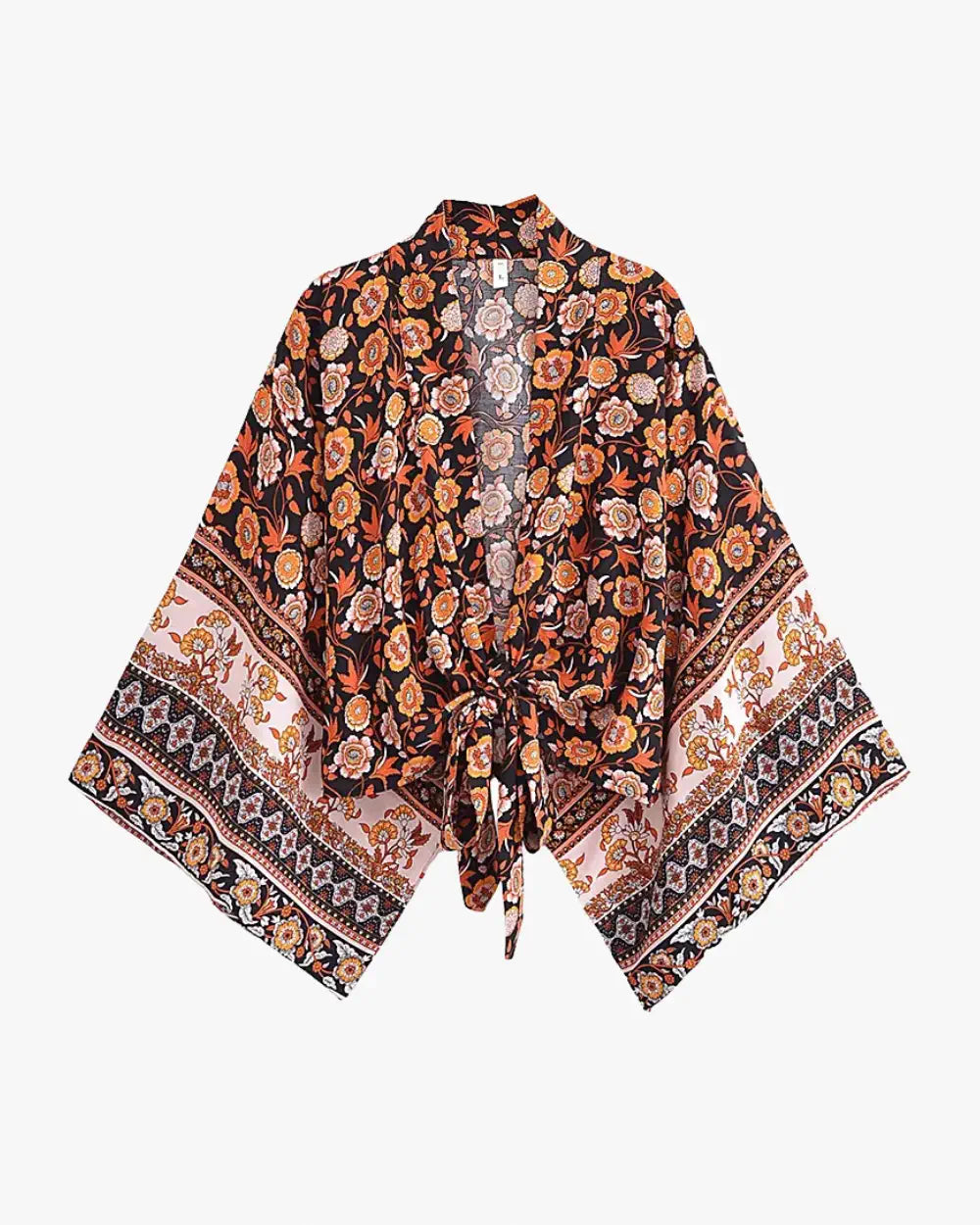 Kimono court noir orange avec motifs floraux femme Hinode