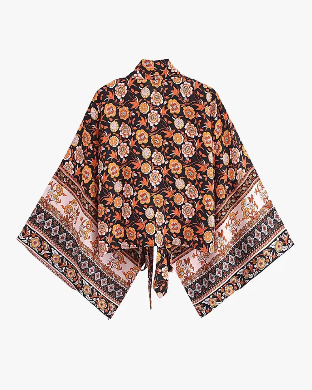 Kimono court noir orange avec motifs floraux femme Hinode