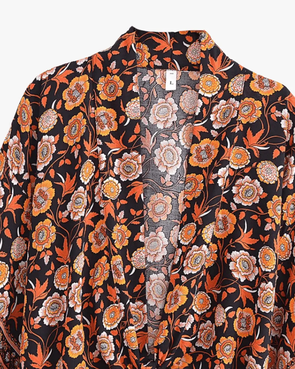 Kimono court noir orange avec motifs floraux femme Hinode