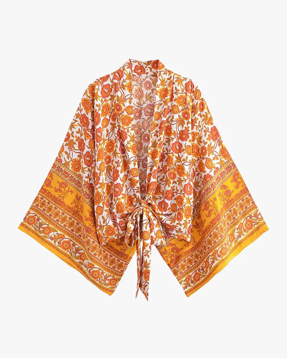 Kimono court orange fleuri femme Hinode