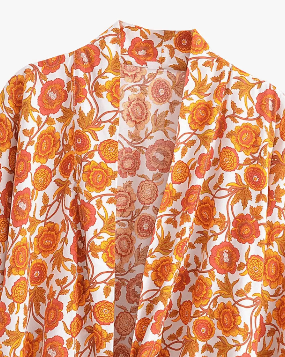 Kimono court orange fleuri femme Hinode