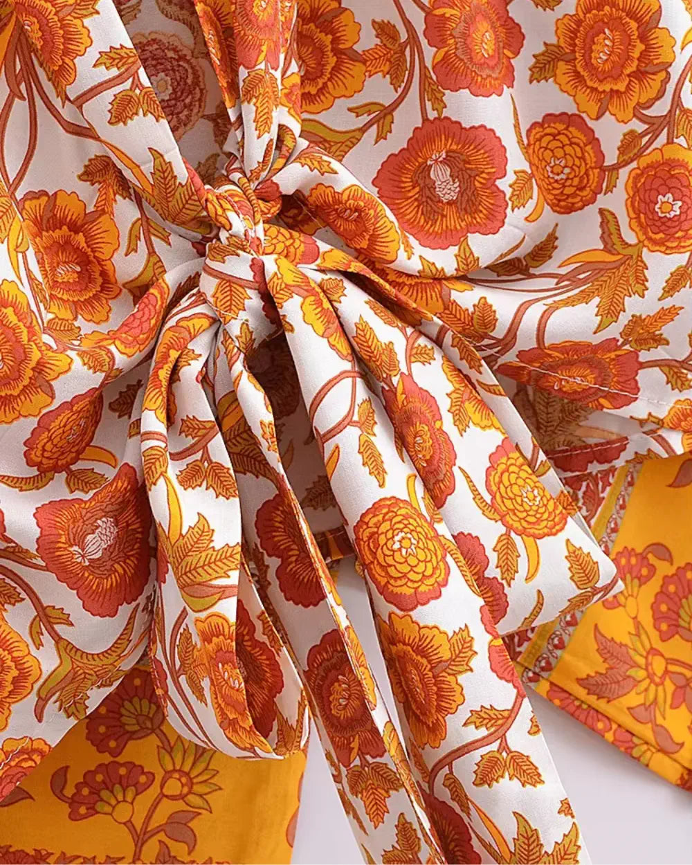Kimono court orange fleuri femme Hinode