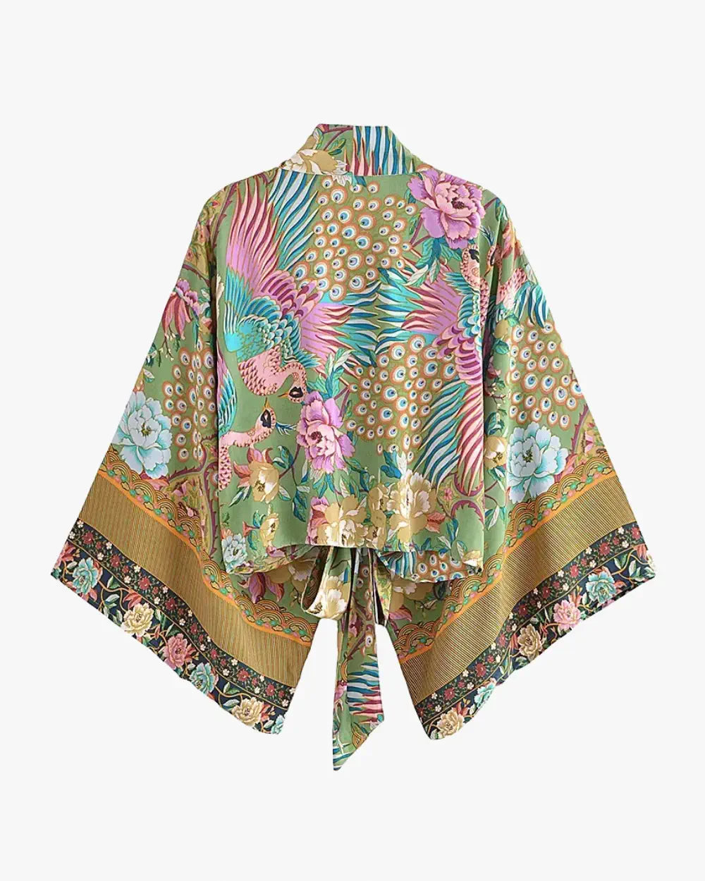 Kimono court vert sauge motifs paon Tsubame