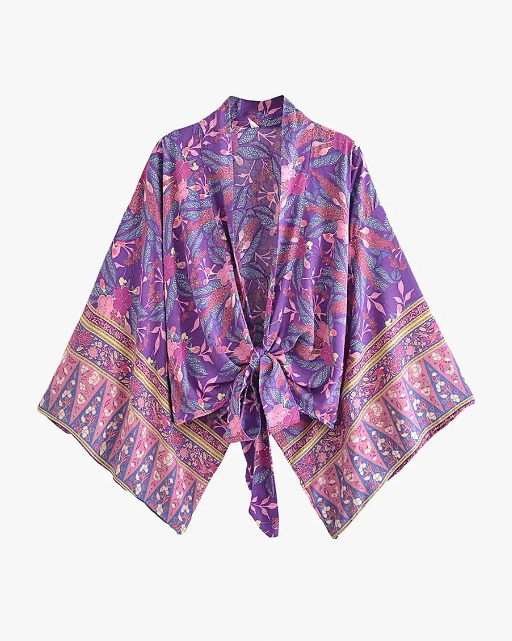 Kimono court violet dore avec motifs floraux Ruri