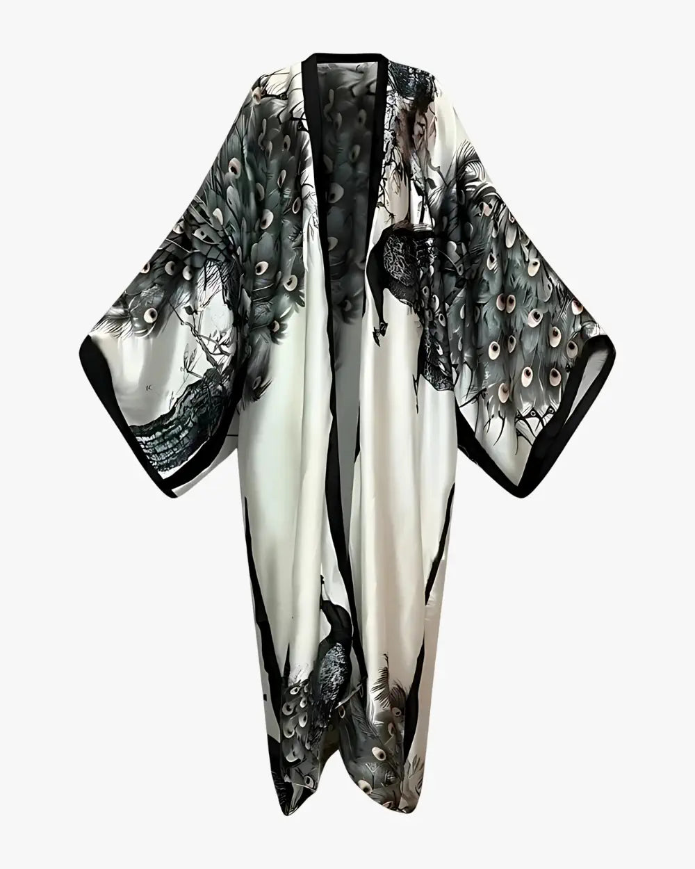 Kimono en soie femme blanc et noir avec motifs paon Shiratori