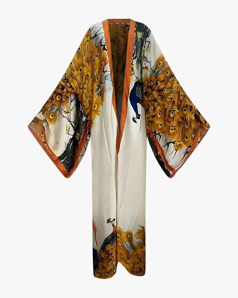 Kimono en soie femme blanc et orange avec motifs paon Shiratori