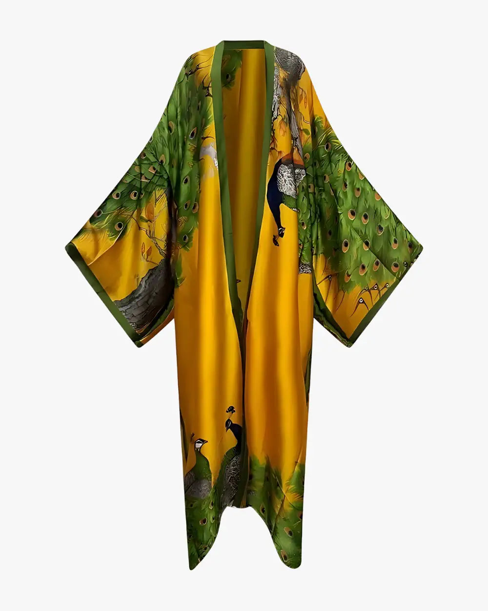 Kimono en soie femme vert et orange avec motifs paon Shiratori