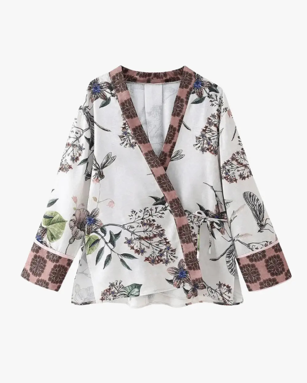 Kimono japonais blanc court motif fleur & animal Hanabira