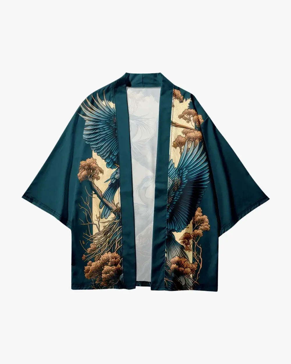 Kimono japonais bleu avec motifs herons dores Takahiro