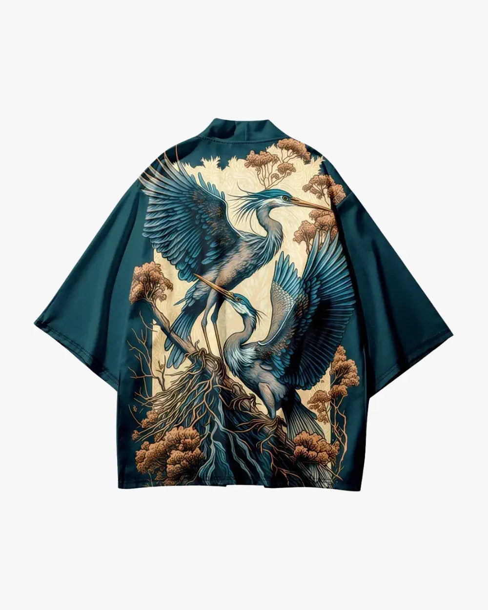 Kimono japonais bleu avec motifs herons dores Takahiro