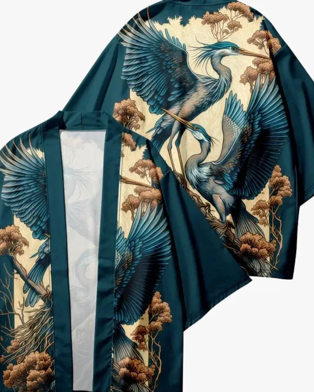 Kimono japonais bleu avec motifs herons dores Takahiro