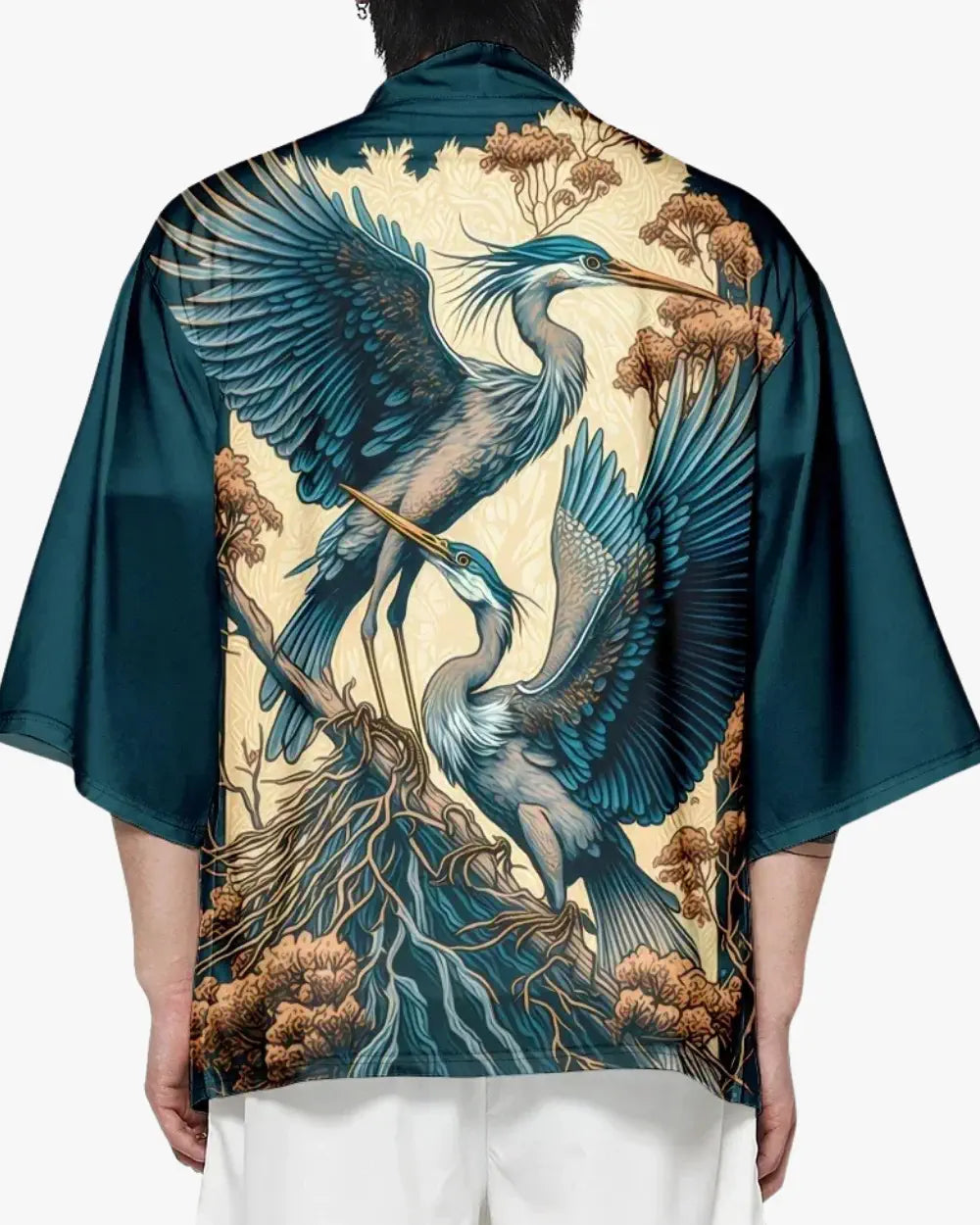 Kimono japonais bleu avec motifs herons dores Takahiro