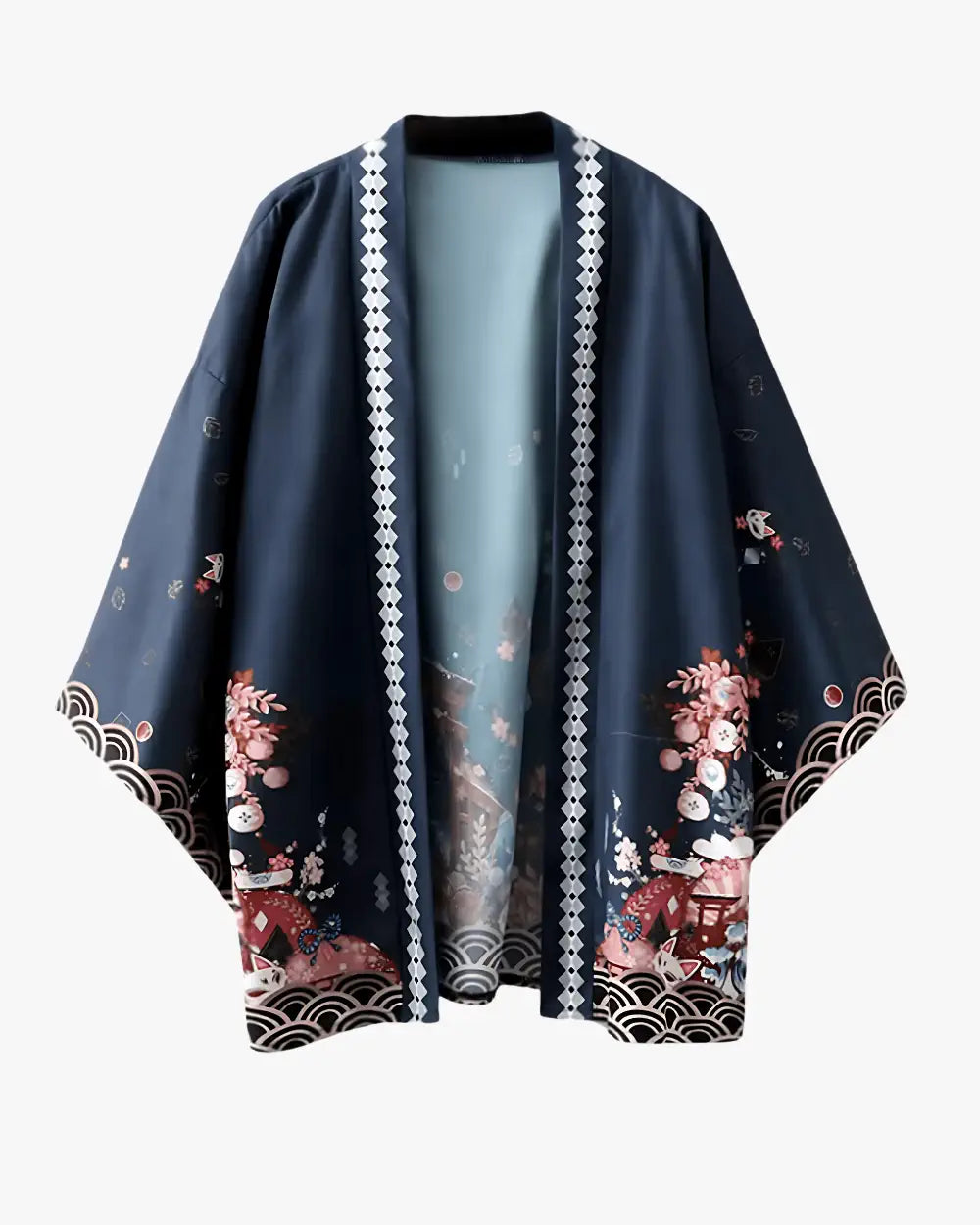 Kimono japonais bleu motifs cerisiers et lanternes Akatsuki