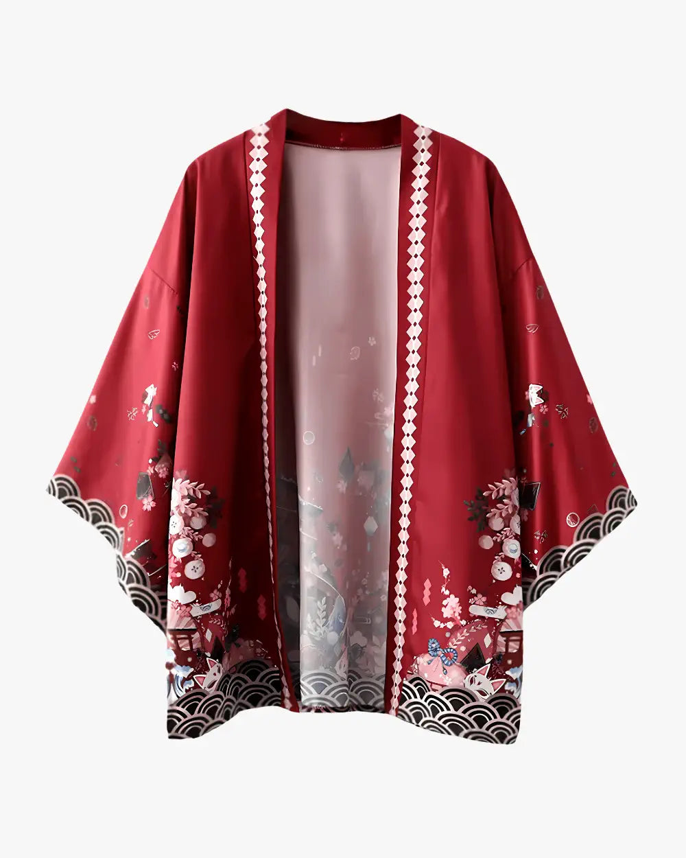 Kimono japonais rouge motifs cerisiers et lanternes Akatsuki