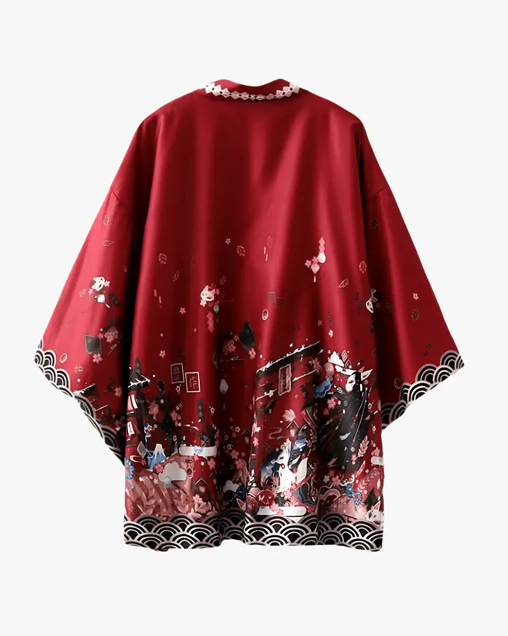 Kimono japonais rouge motifs cerisiers et lanternes Akatsuki