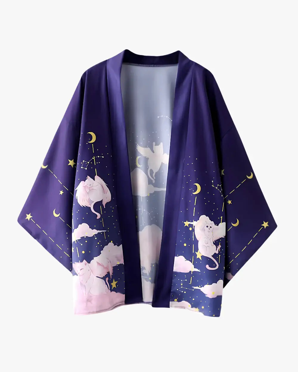 Kimono japonais violet avec motifs chats ailes Yume
