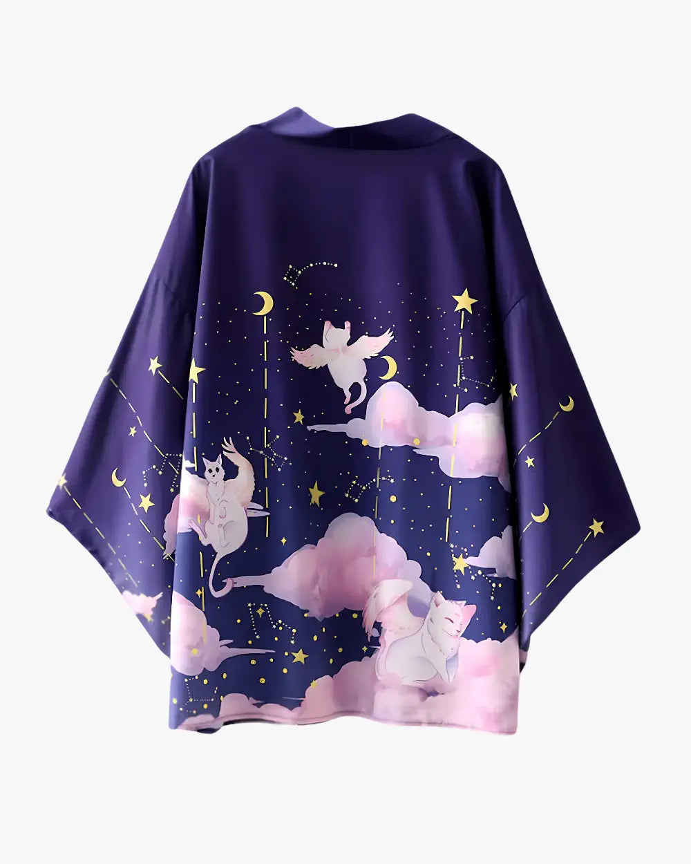 Kimono japonais violet avec motifs chats ailes Yume