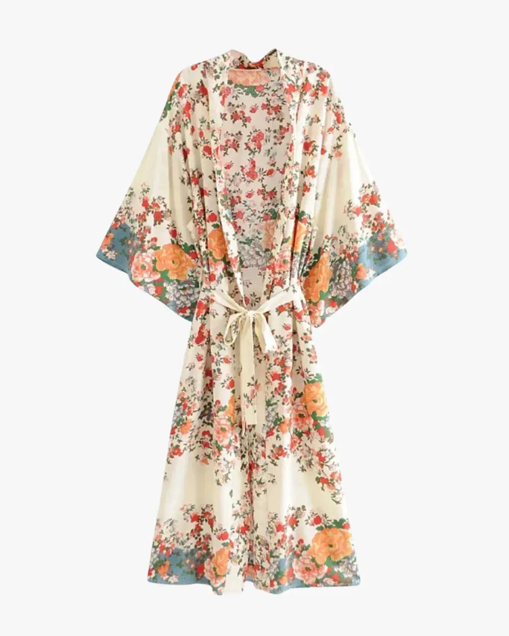 Kimono long beige avec motifs fleuris & style boheme Haruka