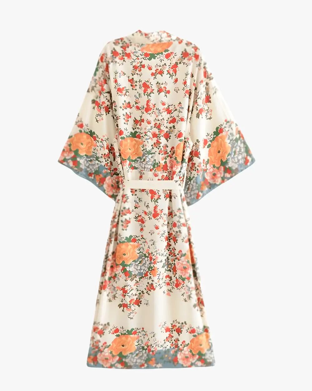 Kimono long beige avec motifs fleuris & style boheme Haruka