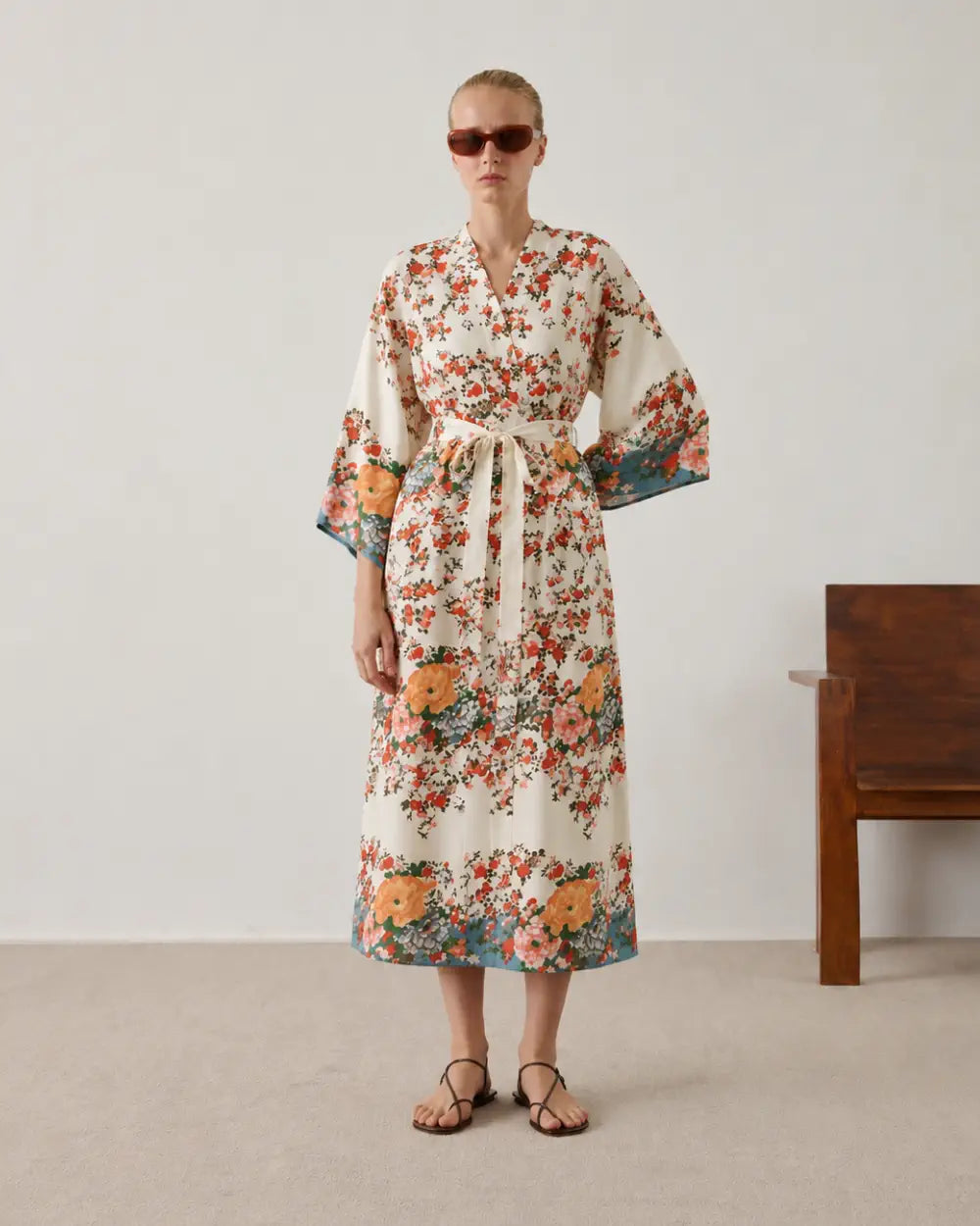 Kimono long beige avec motifs fleuris & style boheme Haruka
