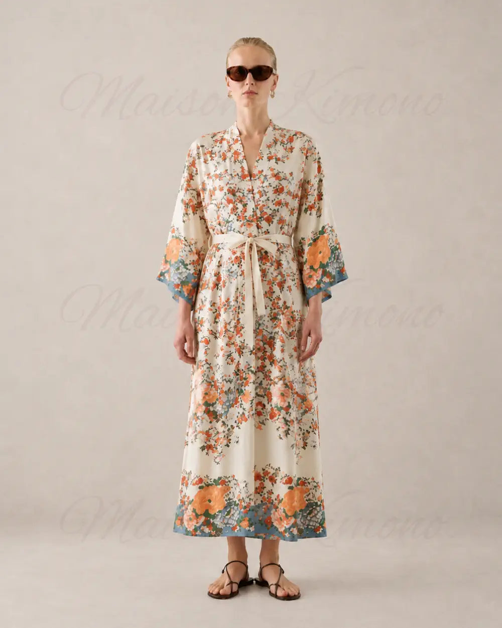 Kimono long beige fleuri boheme